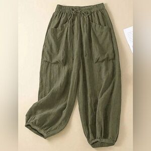 Casual Olive Green Drawstring Pants